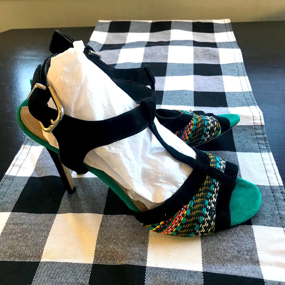Black and turquoise, suede heels